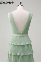 heuloria-Dusty Sage V-Neck Pleated Tiered Bridesmaid Dress with Slit-ed-559