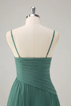 HEULORIA Eucalyptus Green Pleated Chiffon V-Neck Spaghetti Strap Floor-Length Evening Dress ED-261