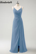 HEULORIA V-Neck Pleated Chiffon Bridesmaid Dress with Slit | ED-957