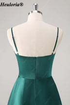 HEULORIA Dark Green Spaghetti Strap Ruched Satin A-Line Bridesmaid Dress ED-260