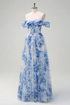 Heuloria Dreamy Blue Floral Strapless Tulle Prom Dress with High Slit and Corset Bodice ED-509