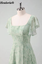 heuloria-Grey Green Floral Square Neck Flutter Sleeve Bridesmaid Dress-ed-558
