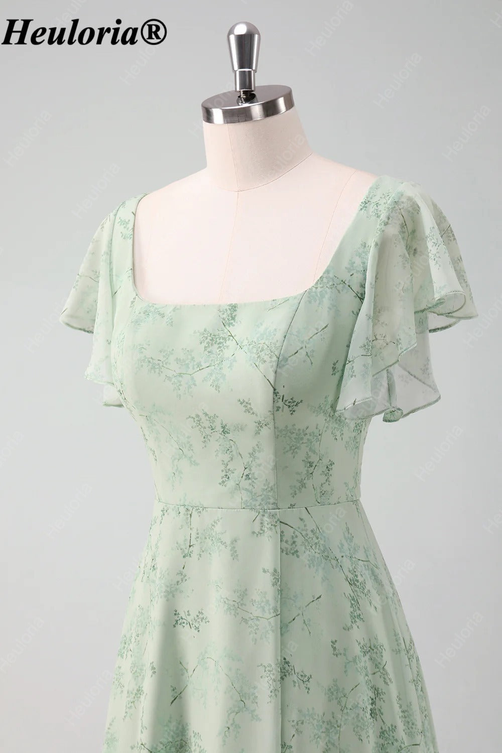 heuloria-Grey Green Floral Square Neck Flutter Sleeve Bridesmaid Dress-ed-558
