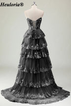 HEULORIA Strapless Sweetheart Floral Tiered Tulle Prom Dress ED-573