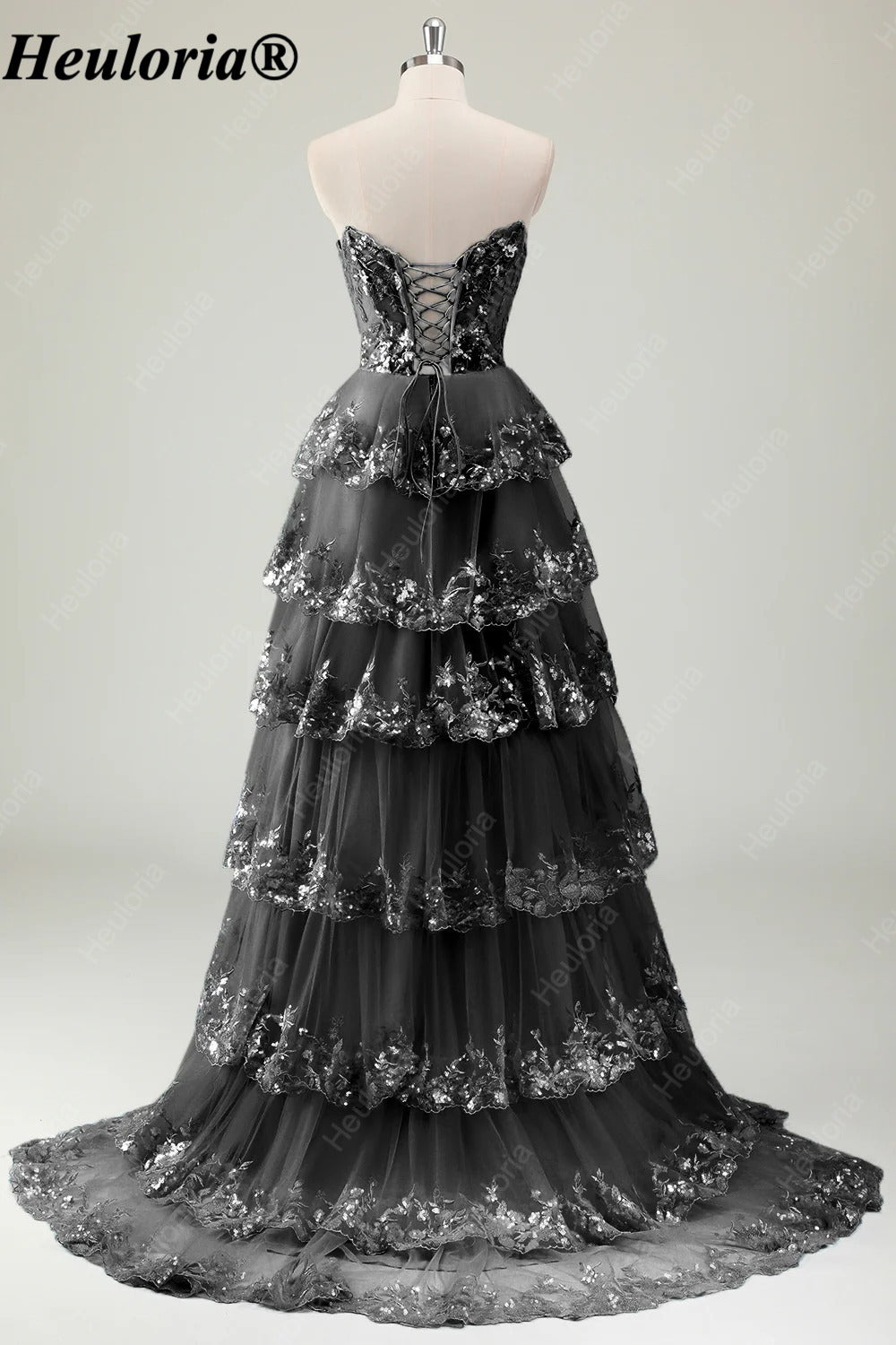 HEULORIA Strapless Sweetheart Floral Tiered Tulle Prom Dress ED-573