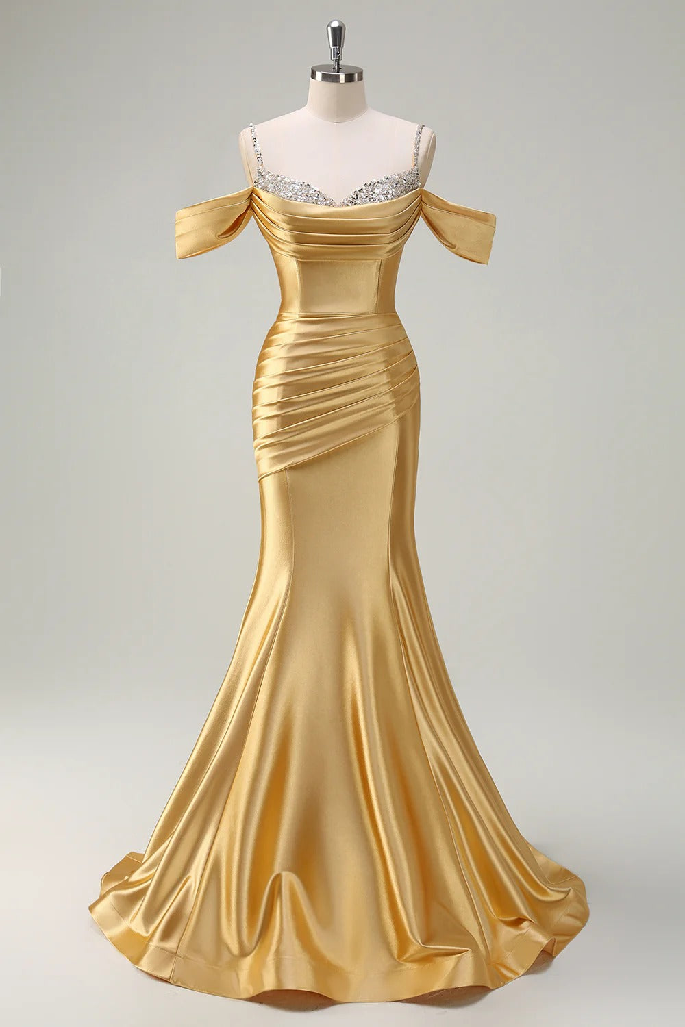HEULORIA Elegant Ruched Satin Mermaid Evening Gown with Crystal Embellished Straps & Off-the-Shoulder Sleeves ED-349