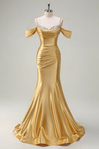 HEULORIA Elegant Ruched Satin Mermaid Evening Gown with Crystal Embellished Straps & Off-the-Shoulder Sleeves ED-349
