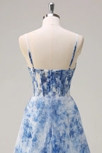 HEULORIA Blue Watercolor Floral Chiffon A-Line Prom Dress with Cowl Neck and Corset Bodice ED-511