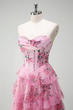 HEULORIA Vintage-Inspired Strapless Floral Gown: Sweetheart Corset Bodice Tiered Ruffle Evening Dress ED-233