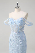 HEULORIA Enchanting Sky Blue 3D Floral Mermaid Prom Dress - Detachable Off-the-Shoulder Corset Evening Gown ED-350