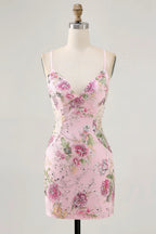 HEULORIA Floral Embroidered Sequin Bodycon Mini Dress with Sheer Mesh Cut-outs and Lace-Up Back ED-597