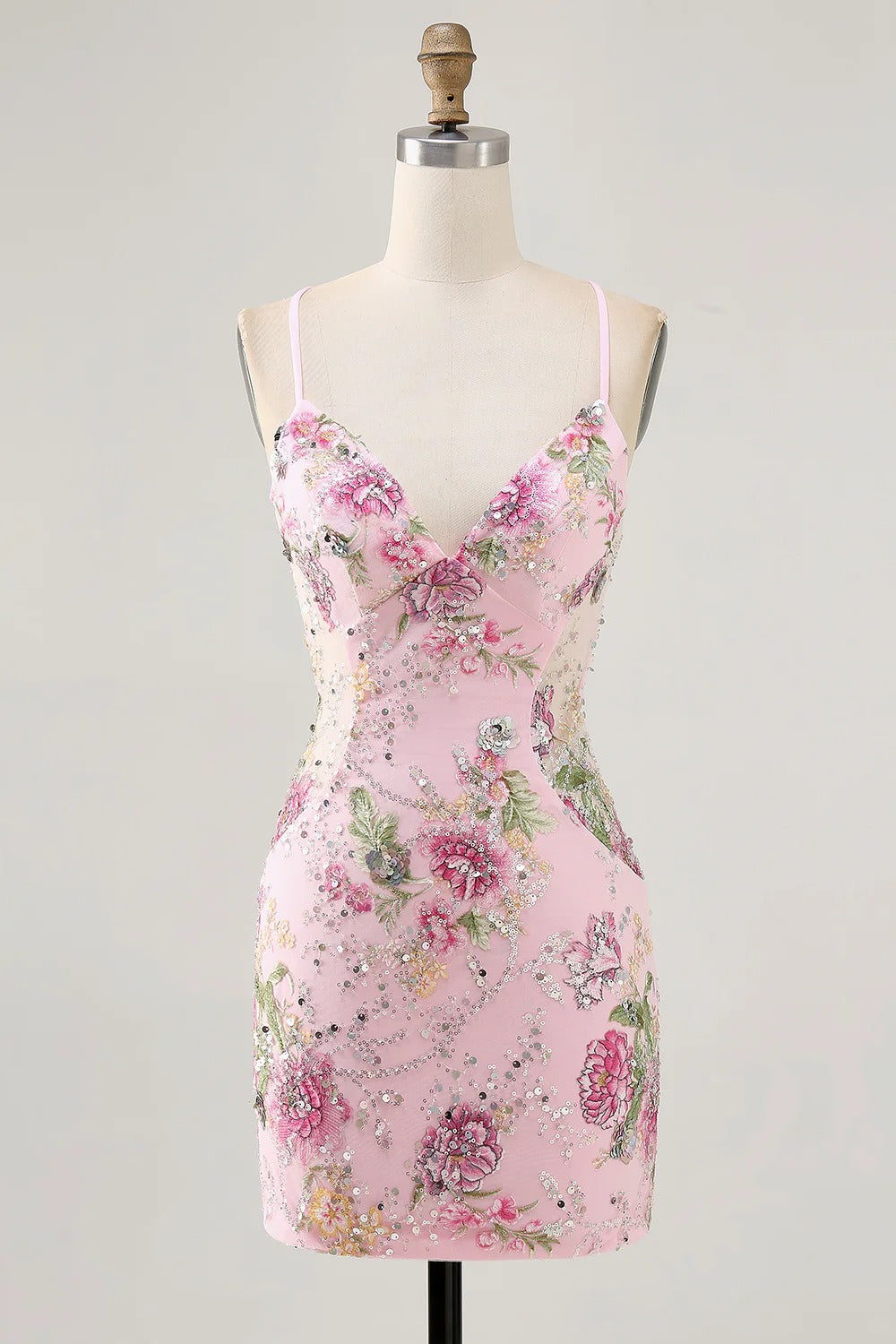 HEULORIA Floral Embroidered Sequin Bodycon Mini Dress with Sheer Mesh Cut-outs and Lace-Up Back ED-597