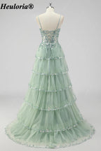 HEULORIA Sequin Lace Tiered Tulle Prom Dress with Spaghetti Straps ED-577