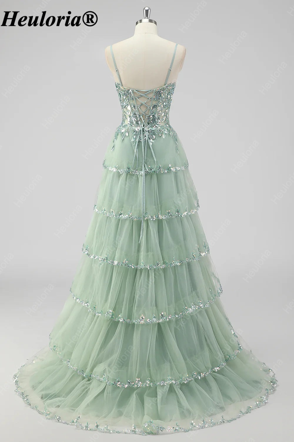 HEULORIA Sequin Lace Tiered Tulle Prom Dress with Spaghetti Straps ED-577