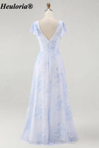 heuloria-Floral V-Neck Flutter Sleeve Bridesmaid Dress with Ruffle Slit-ed-564