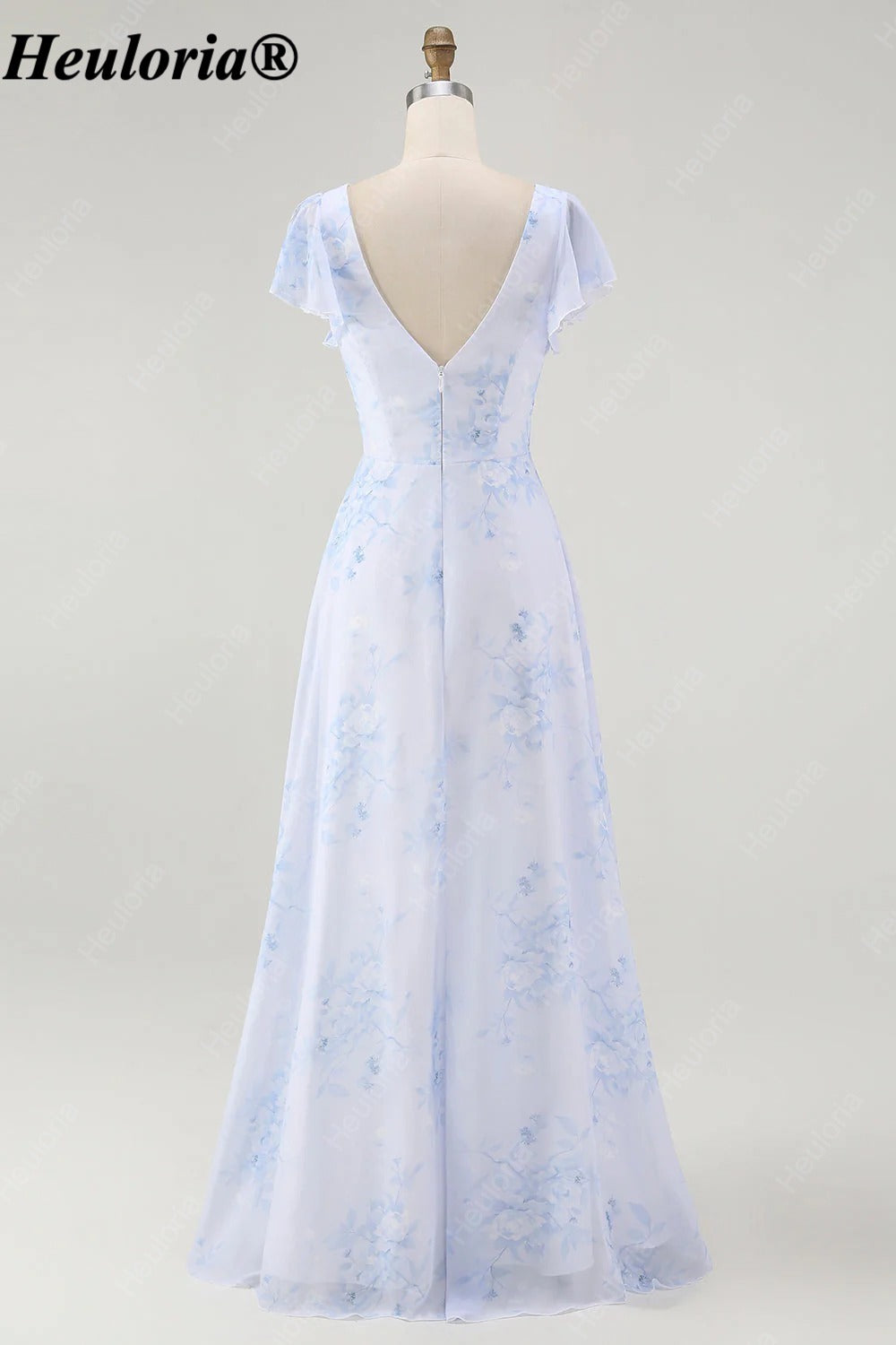 heuloria-Floral V-Neck Flutter Sleeve Bridesmaid Dress with Ruffle Slit-ed-564