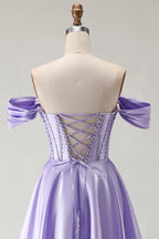 HEULORIA Off-the-Shoulder Sequin Beaded Satin Prom Dress with Slit & Corset Back ED-586