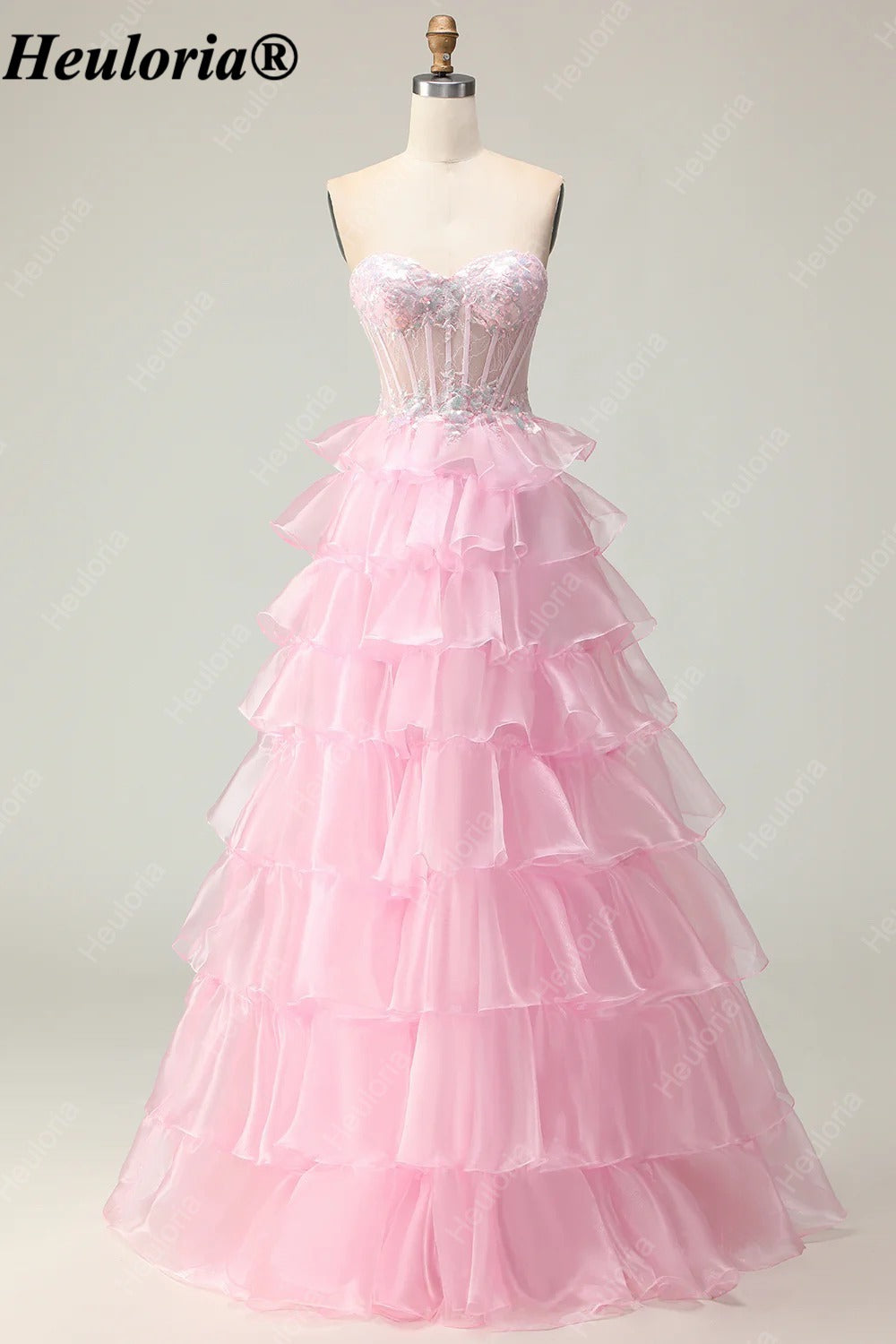 heuloria Strapless Tiered Ruffle Prom Dress with Sheer Corset Bodice ed-510