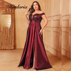 HEULORIA Plus Size Off-the-Shoulder Sequin Bodice Satin Evening Gown with Thigh Slit ED-383