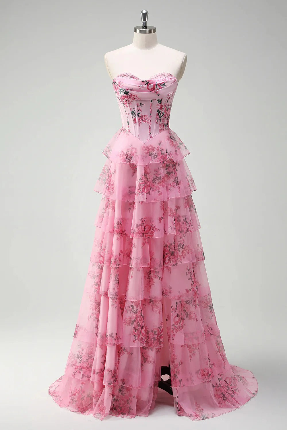 HEULORIA Vintage-Inspired Strapless Floral Gown: Sweetheart Corset Bodice Tiered Ruffle Evening Dress ED-233
