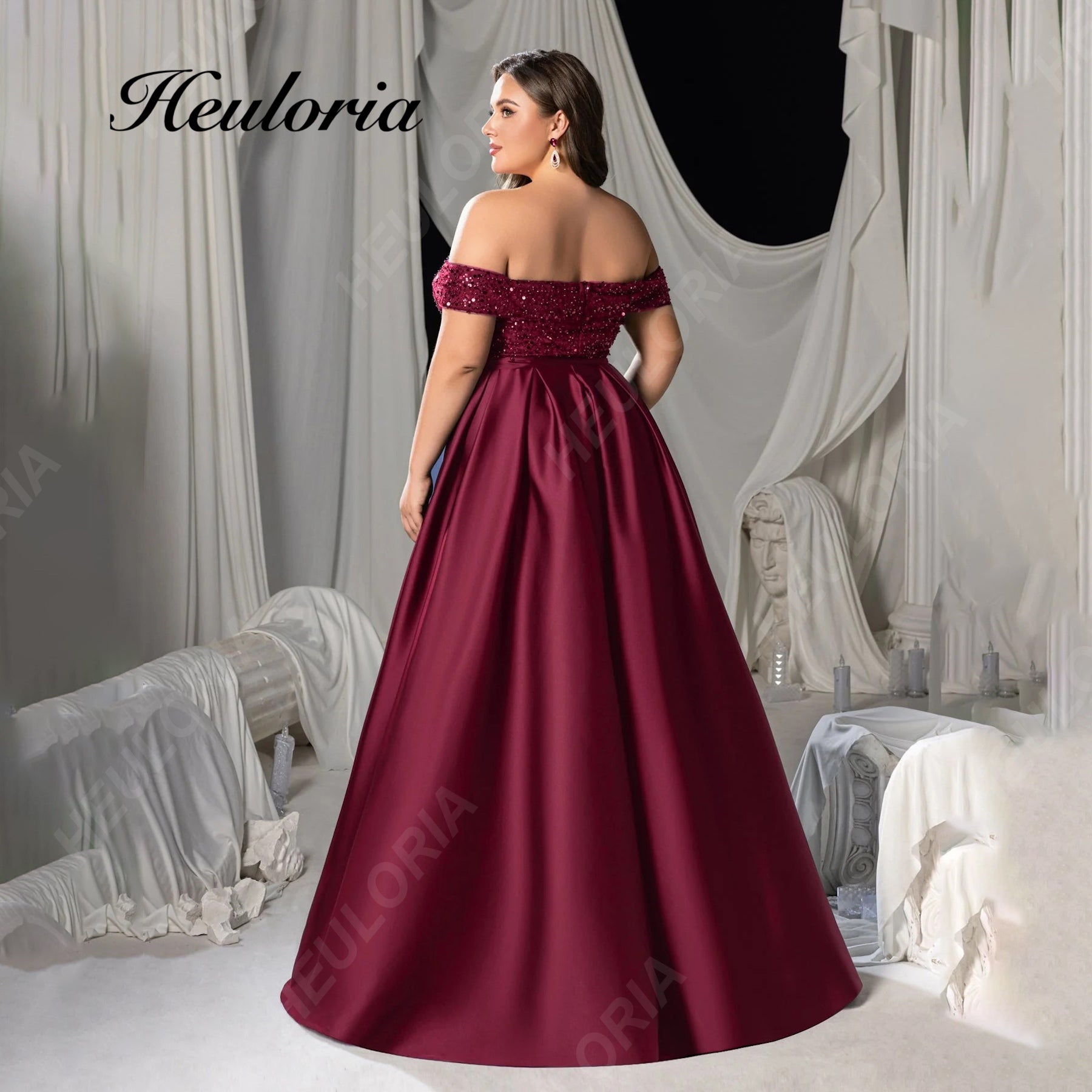 HEULORIA Plus Size Off-The-Shoulder Sequin & Satin Evening Gown with High Slit ED-382