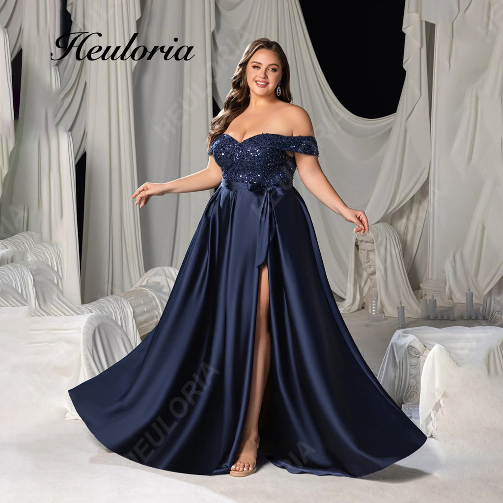 HEULORIA Plus Size Off-The-Shoulder Sequin & Satin Evening Gown with High Slit ED-382