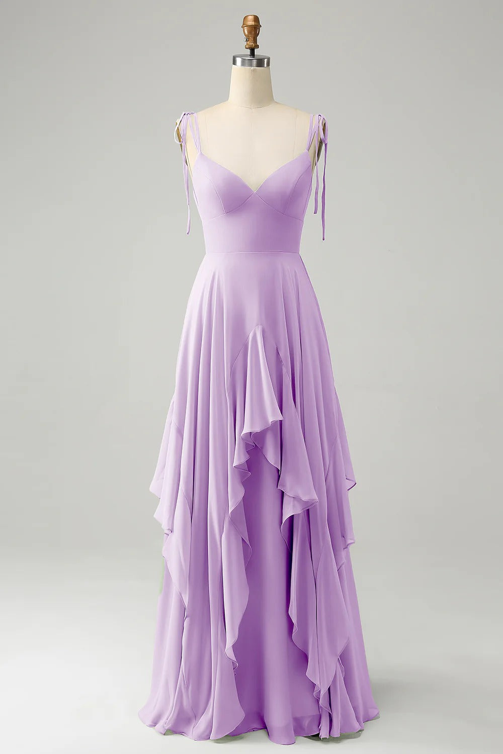 HEULORIA Elegant Cascading Ruffle Chiffon Bridesmaid Dress - Tie-Shoulder V-Neck Maxi Gown ED-252