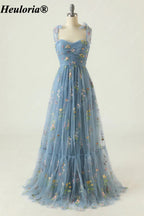 heuloria Floral Embroidered Tulle A-Line Dress with Bow Straps ed-525