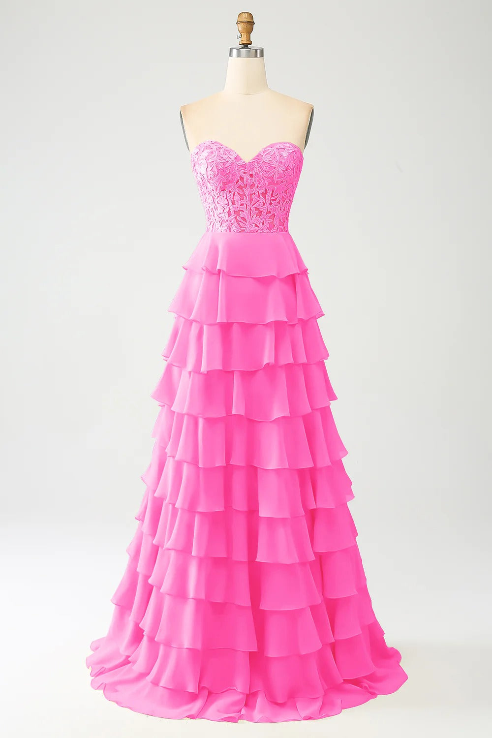 HEULORIA Strapless Sweetheart Lace Bodice Tiered Ruffle Chiffon Prom Gown - Available in Multiple Colors evening dresses ED-235