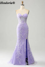 HEULORIA Strapless Sweetheart Lace Corset Prom Dress with Slit ED-369