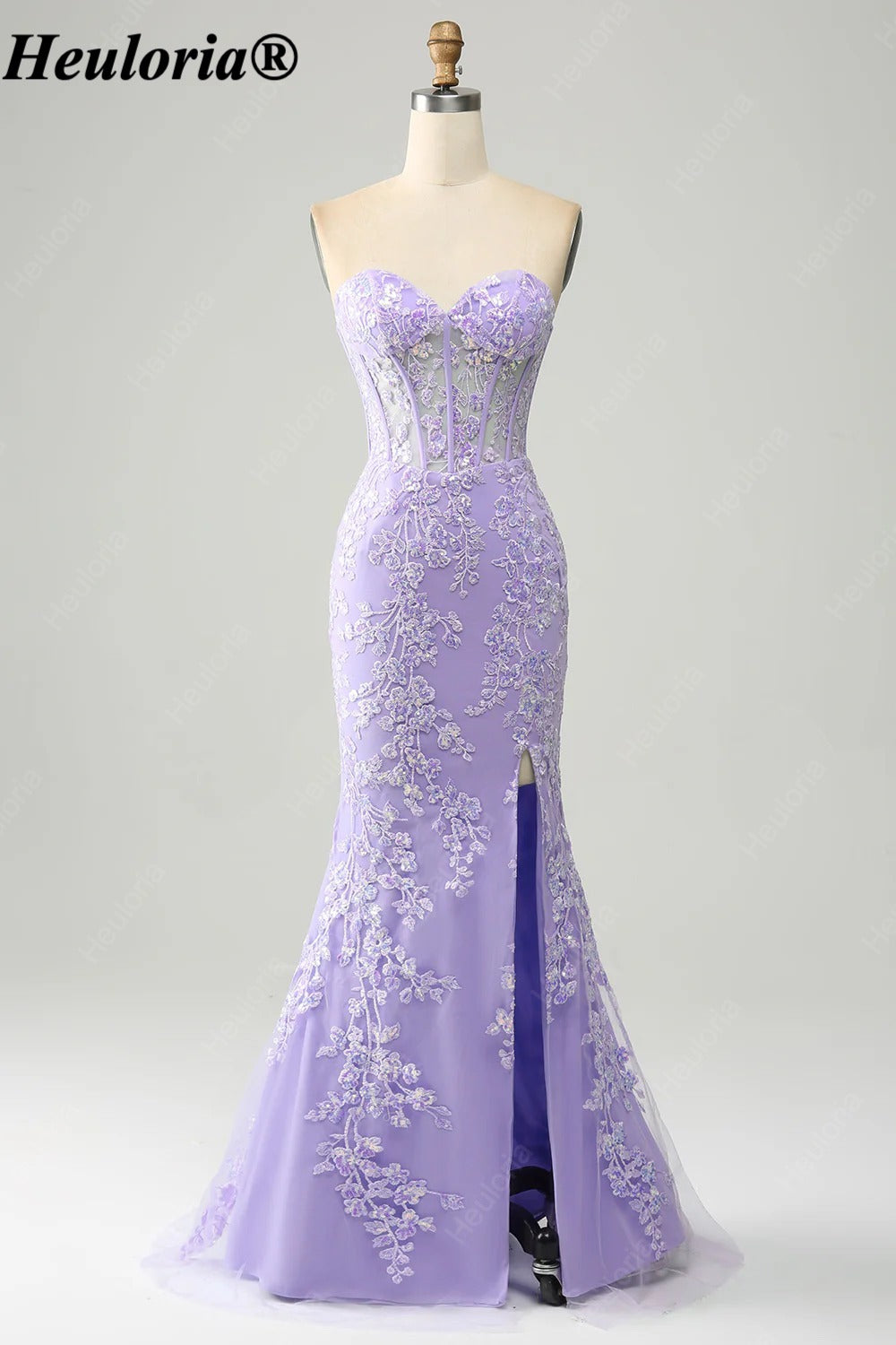 HEULORIA Strapless Sweetheart Lace Corset Prom Dress with Slit ED-369