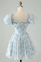 HEULORIA Romantic Floral Puff Sleeve Square Neck Mini Dress with Corset Waist ED-592
