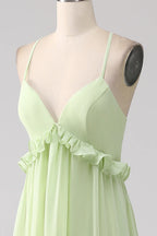 HEULORIA Sage Green Ruffled V-Neck Tiered Chiffon Maxi Dress with Lace-Up Back ED-375