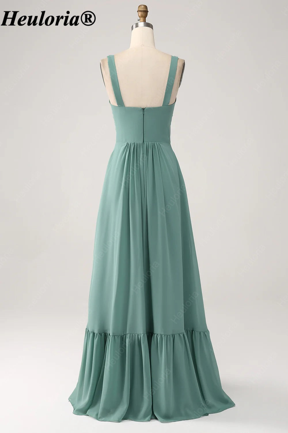 heuloria Eucalyptus Square Neck Bridesmaid Dress with Bow Straps and Ruffle Hem ed-535
