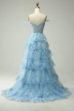 HEULORIA Off-the-Shoulder Tiered Tulle Prom Dress with Shimmering Sequins - Romantic Floor-Length Evening Gown ED-365