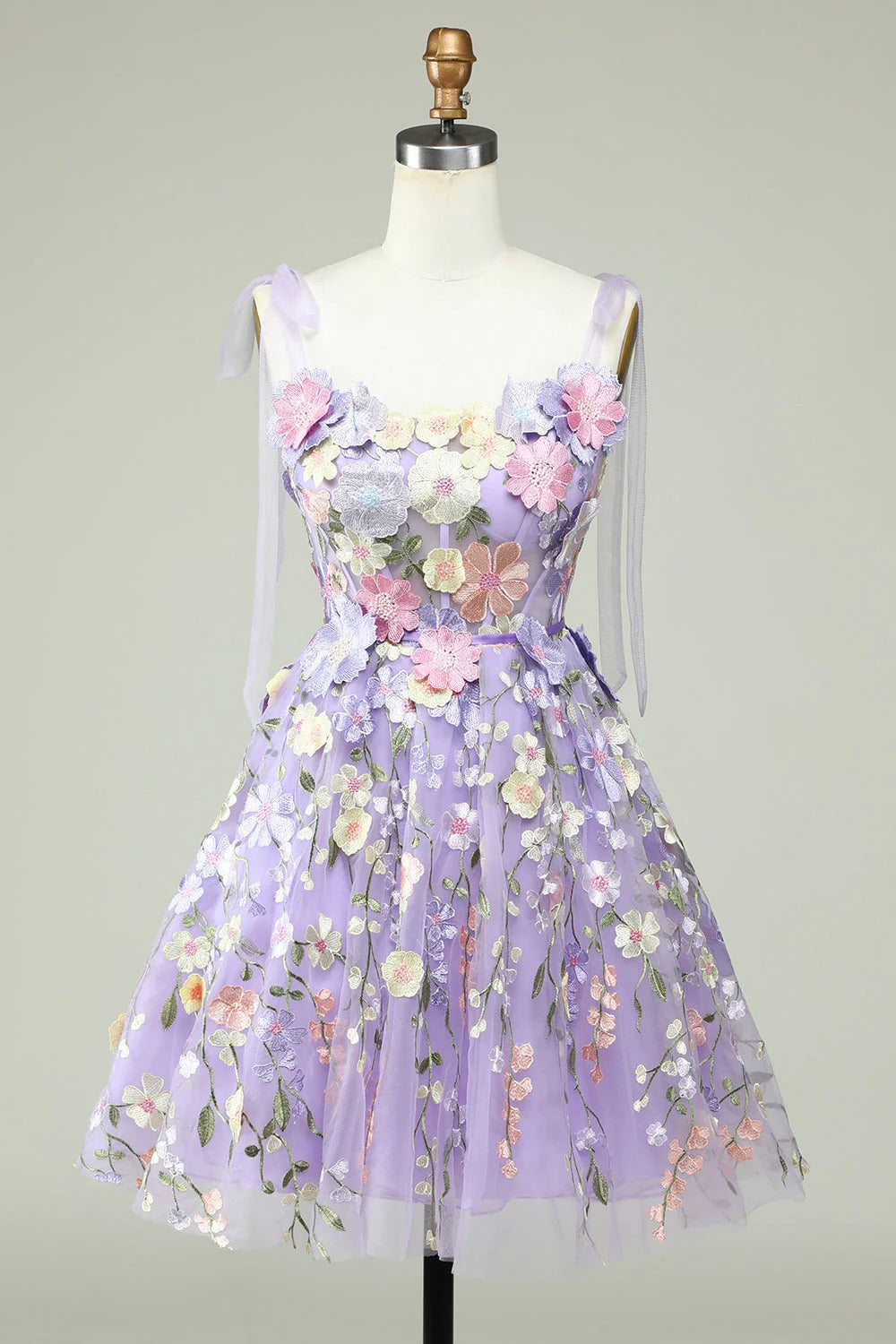 HEULORIA Enchanting Lavender 3D Floral Applique Tulle Prom Dress - Whimsical Tie-Strap Cocktail Party Gown ED-601