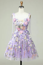 HEULORIA Enchanting Lavender 3D Floral Applique Tulle Prom Dress - Whimsical Tie-Strap Cocktail Party Gown ED-601