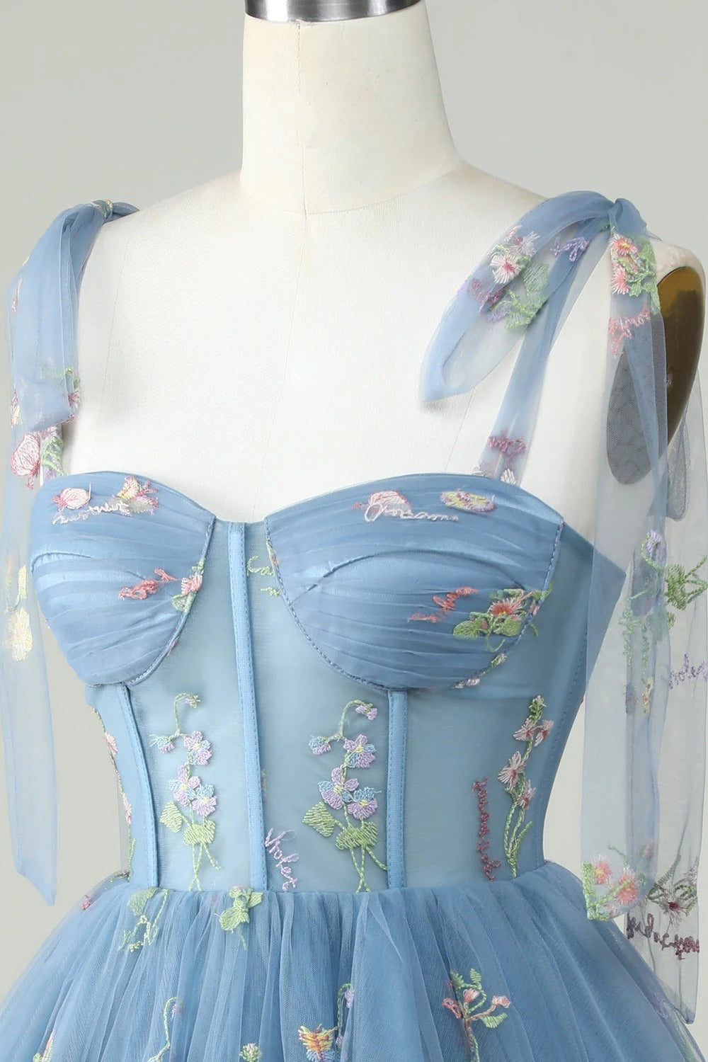 HEULORIA Floral Embroidered Tulle Mini Dress - Sweetheart Corset Bodice with Sheer Tie-Shoulder Straps ED-273