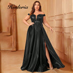 HEULORIA Plus Size Off-the-Shoulder Sequin Bodice Satin Evening Gown with Thigh Slit ED-383