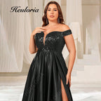 HEULORIA Plus Size Off-the-Shoulder Sequin Bodice Satin Evening Gown with Thigh Slit ED-383