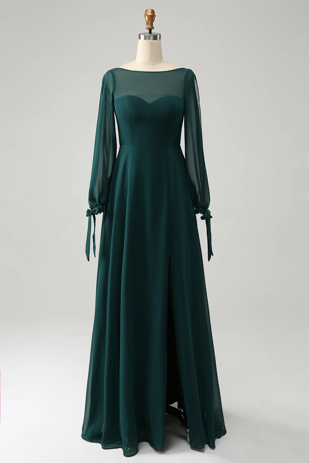 HEULORIA Dark Green Illusion Bateau Neck Evening Dress with Sheer Tie-Cuff Bishop Sleeves ED-255