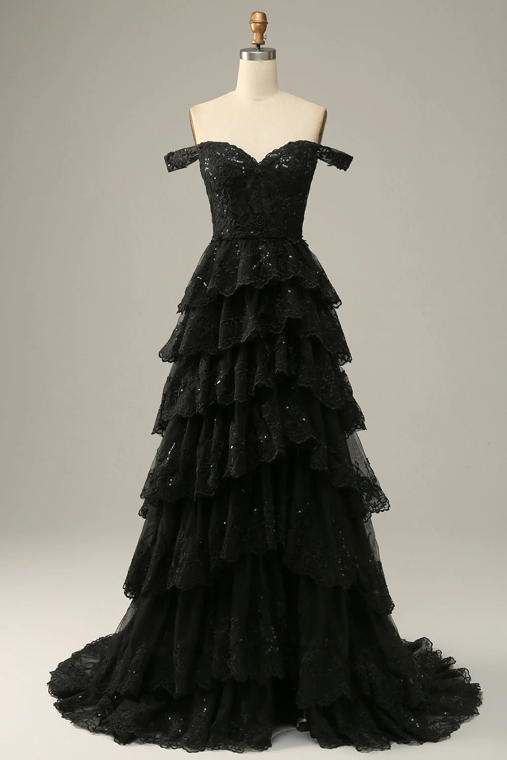 HEULORIA Off-the-Shoulder Tiered Tulle Prom Dress with Shimmering Sequins - Romantic Floor-Length Evening Gown ED-365