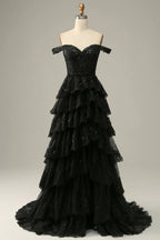 HEULORIA Off-the-Shoulder Tiered Tulle Prom Dress with Shimmering Sequins - Romantic Floor-Length Evening Gown ED-365