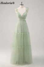 HEULORIA Romantic Dusty Sage Tiered Tulle V-Neck Prom Dress with Floral Ruffled Straps ED-561