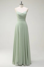 HEULORIA Dusty Sage Chiffon A-Line Bridesmaid Dress with Ruched Sweetheart Neckline and Spaghetti Straps ED-268