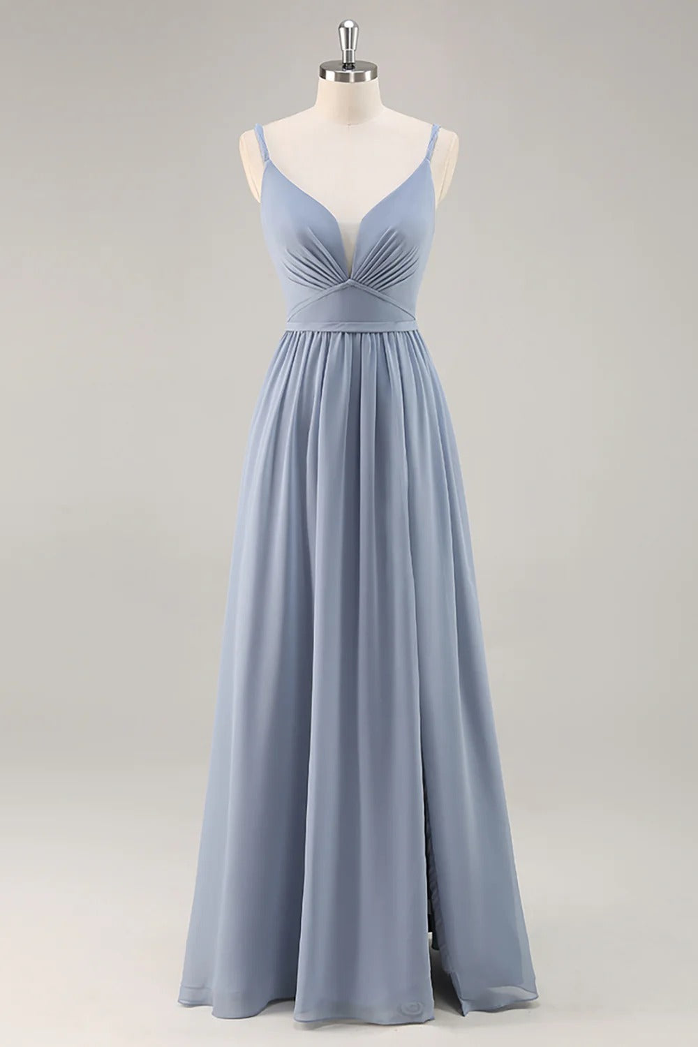 HEULORIA Dusty Blue V-Neck Chiffon Bridesmaid Dress with Twisted Straps and Side Slit ED-259