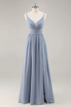 HEULORIA Dusty Blue V-Neck Chiffon Bridesmaid Dress with Twisted Straps and Side Slit ED-259