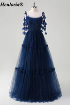 heuloria-Navy Tiered Tulle Bridesmaid Dress with Petal Shoulder Ties-ed-546