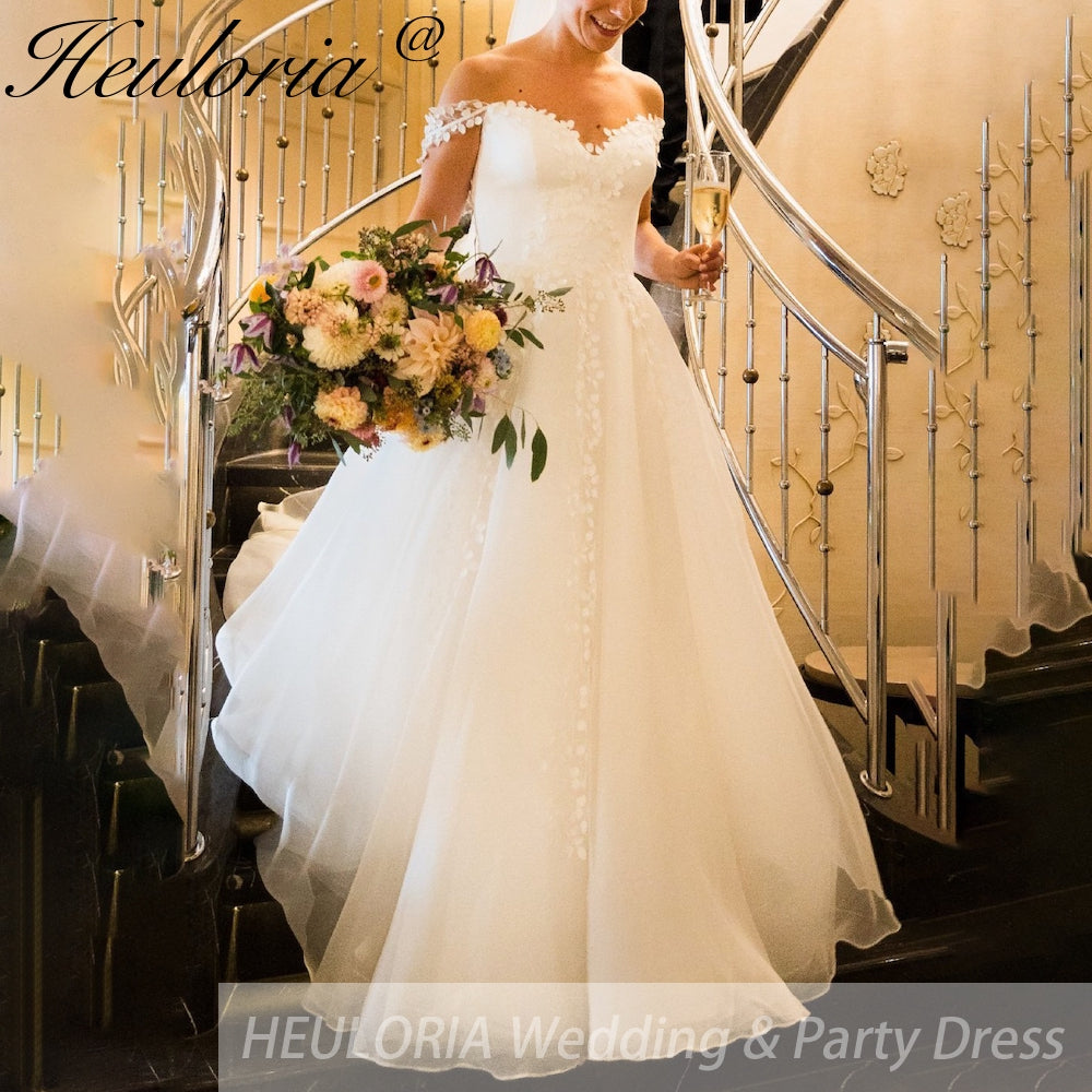 HEULORIA Illusion Off The Shoulder A-Line Wedding Dresses Appliques Lace Country Bridal Gowns Robe De Mariée Customized AL-QK1