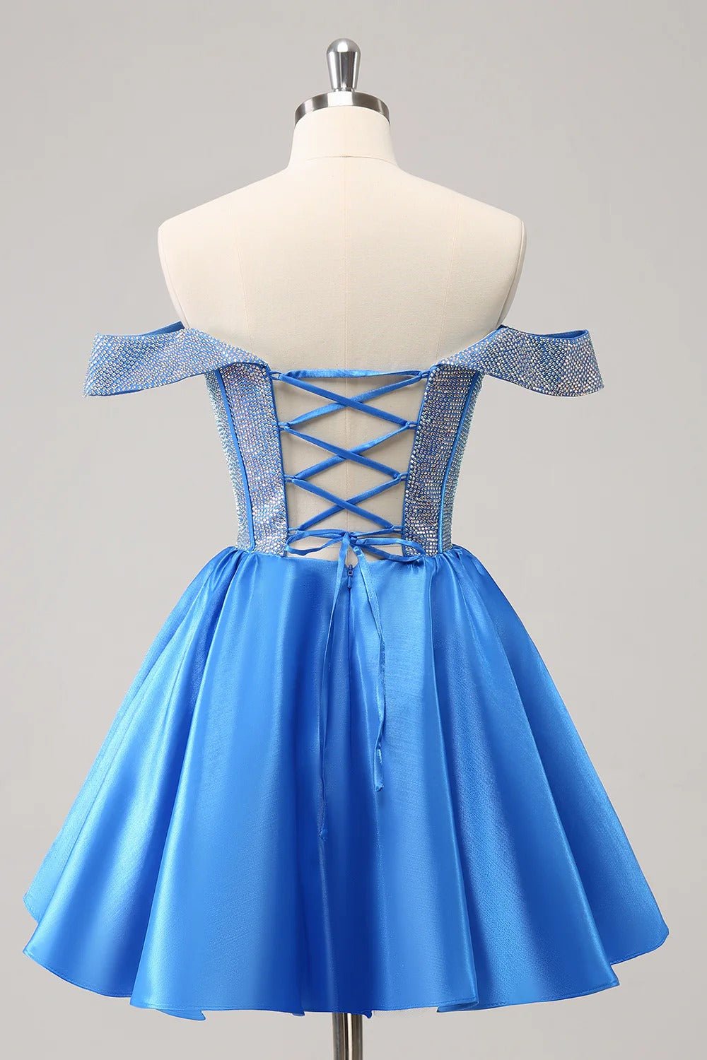 HEULORIA Sparkly Rhinestone Corset Homecoming Dress Off-the-Shoulder Satin Mini Party Gown ED-596